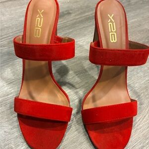 X2B Red Suede Block Heel Mule Size 9 Double Band Slides